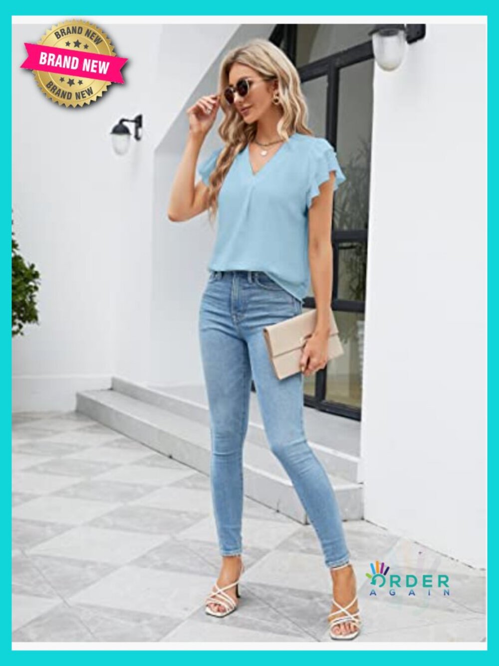 Flutter Sleeve V-Neck Blouse Lightweight Stretch Fabric Business Casual Tops - Picture 5 of 7